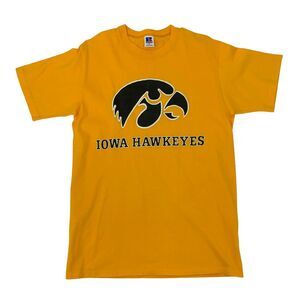 Vintage Iowa Hawkeyes T Shirt Mens M Medium Gold Short Sleeve Cotton Made USA